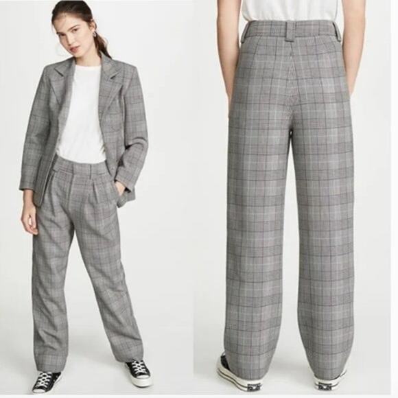 US 8/10 GANNI Check Plaid Phantom Suiting Pants Trousers Mid Rise Pleated Chic - Picture 1 of 10